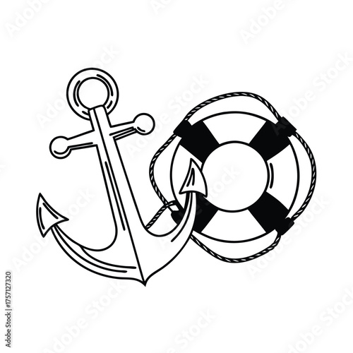 Anchor and lifebuoy set silhouette isolated on transparent background