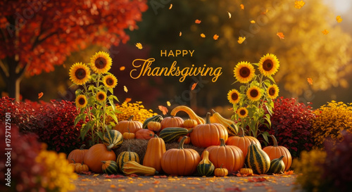 Happy thanksgiving scene with pumpkins, sunflowers, and autumn foliage