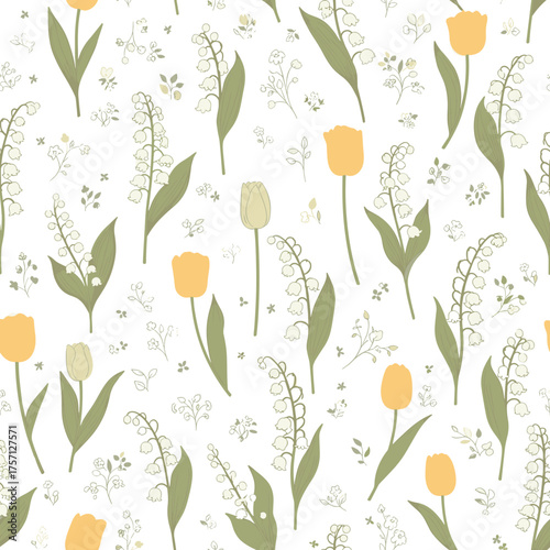 A delicate spring floral pattern featuring blooming tulips and lily of the valley with a scattering of small green leaves and buds.