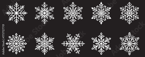 10 Simple Geometric Snowflake Silhouette Icons on Black