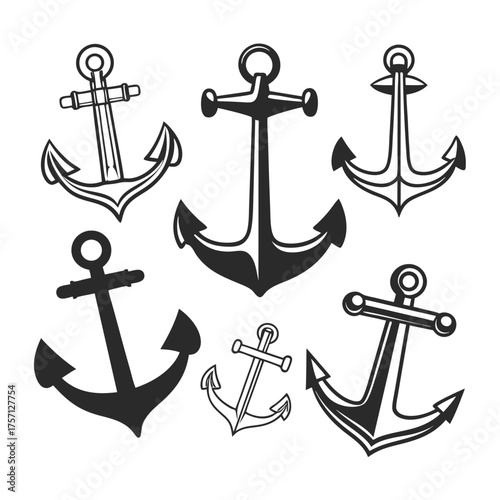 Marine anchor collection silhouette isolated on transparent background