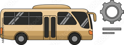 Cartoon Shuttle Bus Transport Concept with Cogwheel Gears System Illustration for Automotive Industry Mechanics, Public Transportation Vehicle Design, Engineering Solutions, Repair, Modern Technologie