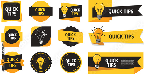 Creative Quick Tips Vector Set for Business Solutions and Innovation,  Advice Ideas on Marketing, Website Design and Education,  Yellow and Black Abstract Conceptual Graphic  with Lightbulbs Icons,  H