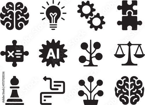 Brain, AI, gears, puzzle, chess, scales, idea, growth
