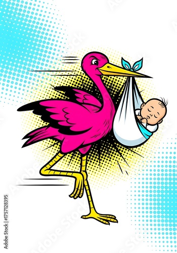 Pink Stork Rushes Delivering Baby in Pop Art Style