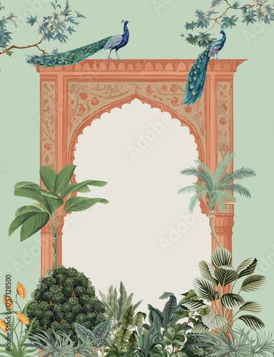Traditional Mughal Wedding card Invitation, Mughal Arch, Peacock, Tropical Tree.
