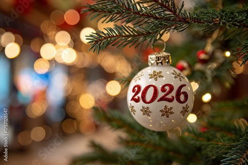 Decorative Christmas ornament featuring the year 2026, captured in a festive setting with blurred lights, showcasing a gradual zoom in on the intricate details and ambiance
