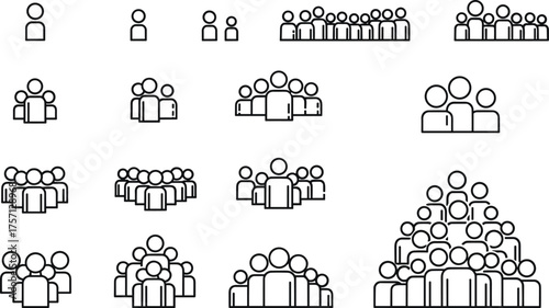 Minimalist People Crowd Icons Illustrating Community Connection, Teamwork, and Group Dynamics in Business and Social Gatherings; Line Art for Presentations, Websites, and Modern Design with Collaborat