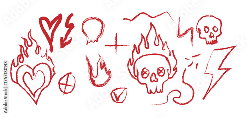 Doodle grunge punk and rock music icon set featuring musical instruments and symbols