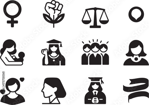 Empowerment icons celebrate women's rights, education, family, justice