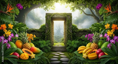 Fototapeta Naklejka Na Ścianę i Meble -  Enchanting jungle gateway with vibrant flowers and tropical fruits