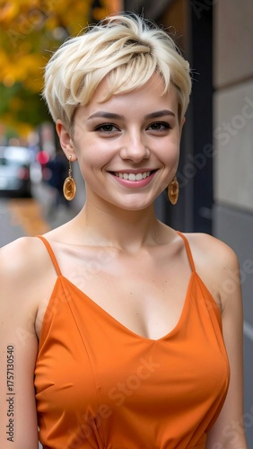 a smiling blonde woman model with short hair wearing a dark orange low cut dress in the autumn street, fashion photography