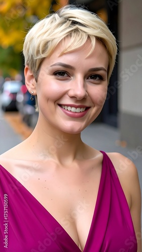a smiling blonde woman model with short hair wearing a dark pink low cut dress in the autumn street, fashion photography