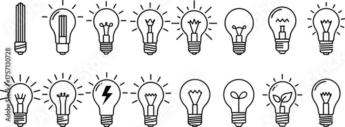 Collection of Light Bulb Line Art Icons Sparking Ideas for Innovation in Technology & Business Solutions, a Bright Concept for Energy Efficiency, Eco-Friendly Green Solutions & Creative Design, Ideal