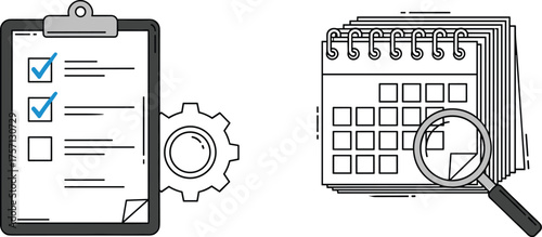 Project Planning Checklist and Calendar Review for Schedule Management, Task Optimization, Deadline Tracking, and Goal Setting in a Business Environment with Modern Workflow Illustration Style and Dat