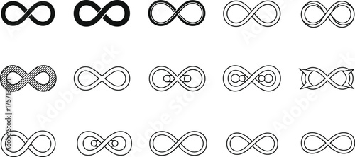 Infinity Symbols Collection: Endlessness Design in Simple Line Art, Conceptual of Eternity, Limitless Potential and Continuity in Modern Graphic Style for Branding, Business, Science, Technology, Math