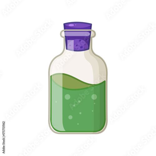 A liquid green potion in a glass bottle with a purple stopper, isolated on a white background, perfect for creative projects