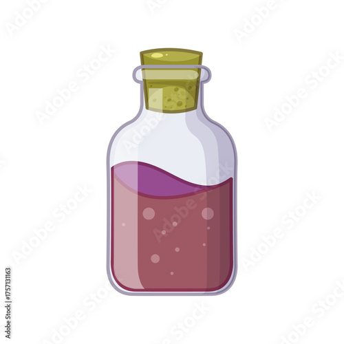 Glass bottle with cork stopper filled with purple liquid and small bubbles, isolated on white background