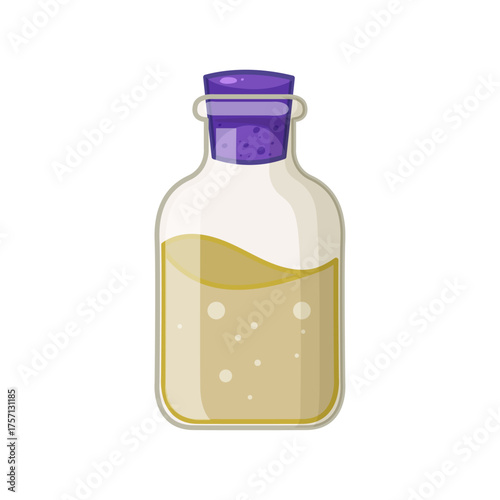 A clear glass bottle with a purple stopper containing a light yellow liquid with small bubbles