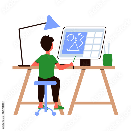 Young artist or student drawing geometric shapes on a computer screen at a desk