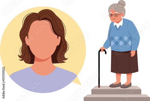 Senior Woman on Steps with Caregiver's Advice, Depicting Elderly Support and Guidance in a Home Setting, Illustrating Intergenerational Relationships and Healthcare Assistance for Aging Parents, Showi
