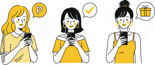 Diverse women using smartphones for online shopping and social media in a digital lifestyle setting, demonstrating mobile commerce, e-payments, reward points, and connectivity, with minimalist cartoon