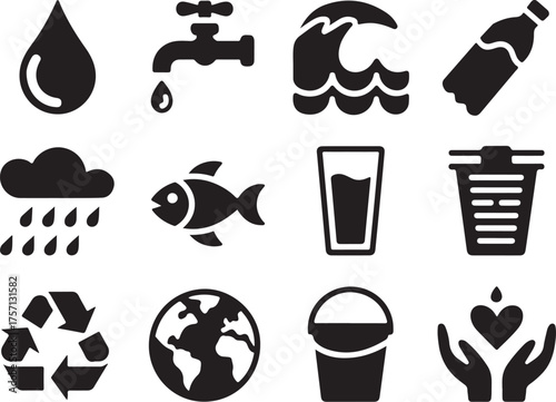 Water icons caring planet resources conservation life