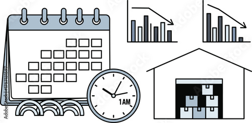 Inventory Management Decline at 1 AM: Warehouse Stock Reduction Analysis, Calendar Deadline, Business Operations, Supply Chain Logistics, Economic Downturn Illustration, Presentation Graphic, Reportin