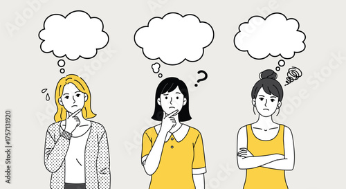 Three Thoughtful Women Contemplating Decisions with Cloud Thought Bubbles in a Minimalist Illustration Style, Suitable for Business Presentations, Marketing Materials, Education, Problem-Solving, and
