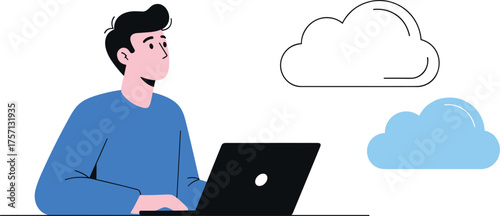 Young Professional Man Working on Laptop Connecting to Cloud Services in Minimalist White Office - Modern Technology, Data Analysis, Cloud Computing Solutions, Business, Information, Vector Illustrati