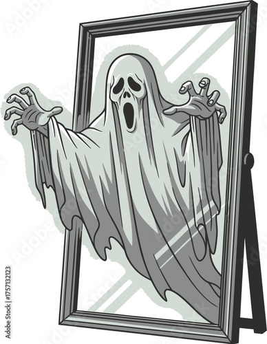 Vector art of scary ghost emerging from a mirror
