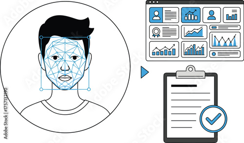 Facial Recognition Technology Analyzing Biometric Data for Identity Verification in Security Systems, Creating Visual Analytics Dashboard Reports for Data-Driven Decision Making, Modern Line Art Illus