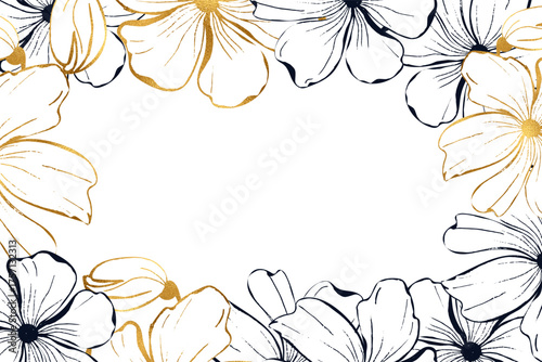 Poppies flower frame for card or invite. Line art ink hand drawn floral vector background.
