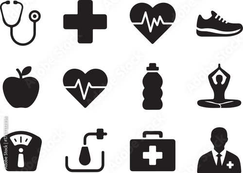 Healthy lifestyle icons: fitness, wellness, medical care