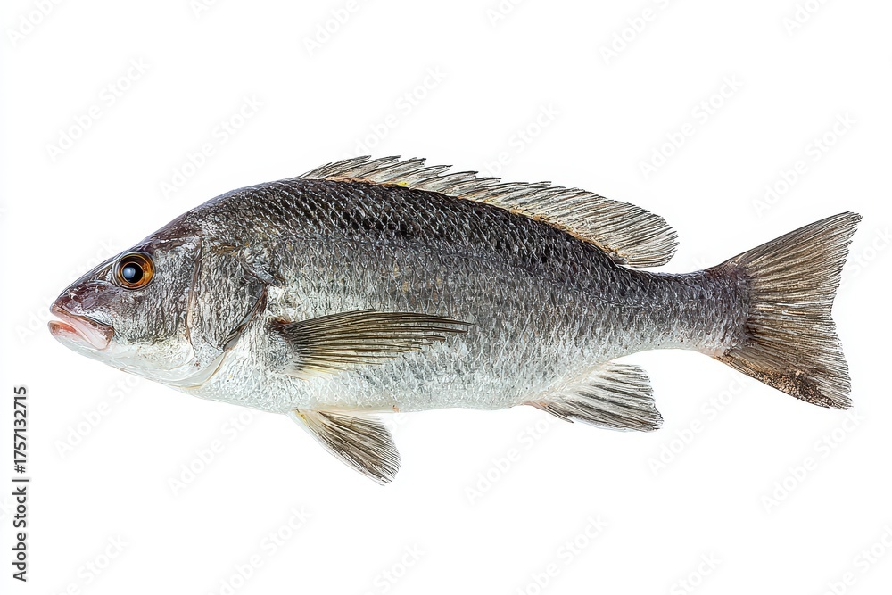 Fototapeta premium Black Drum Fish. Fresh Raw Black Drum Fish Isolated on White Background