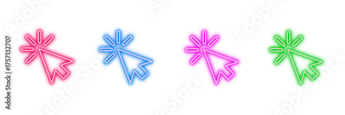 Neon glowing mouse click pointer vector icons set, cursor, selection, web interface, digital interaction, vibrant colorful glowing design.