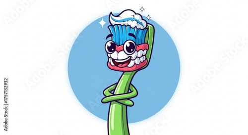 Cartoon toothbrush character with toothpaste, promoting dental hygiene and oral care habits