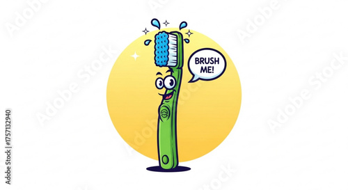 Cartoon toothbrush character with speech bubble, promoting dental hygiene and oral care habits