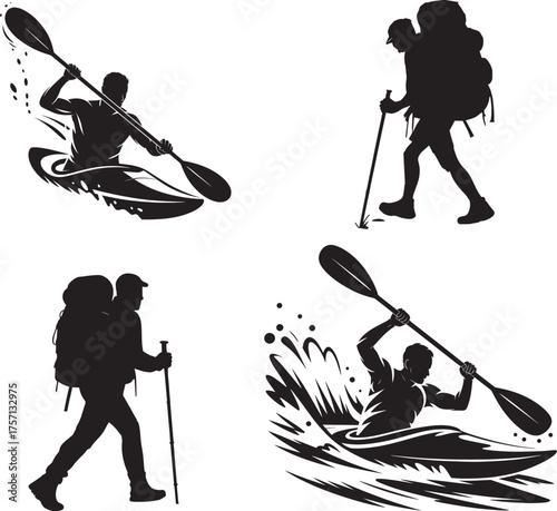 Silhouettes of kayakers and hikers in action paddle