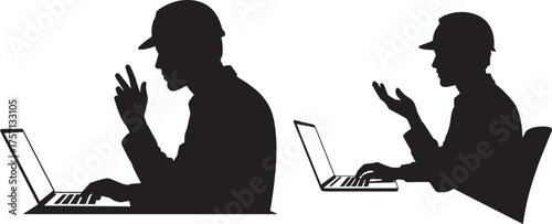 Silhouettes of men wearing caps working on laptops computer