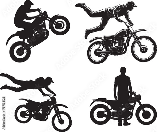 Silhouettes of motorcyclists performing stunts on dirt bikes motorcycle rider