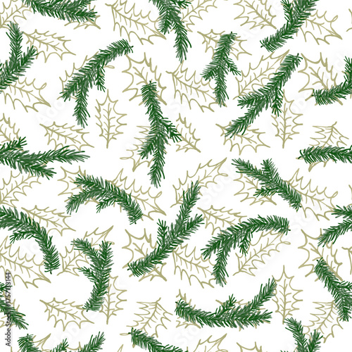 Watercolor seamless pattern with green pine branches and gold holly leaves. Sprig of pine hand drawn for wrapping paper, winter holiday decoration,green and gold. Christmas trees modern background