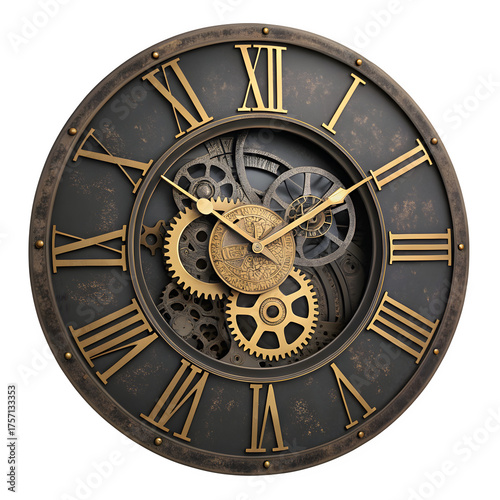 Industrial Steampunk Clock Face with Exposed Gears and Golden Roman Numerals