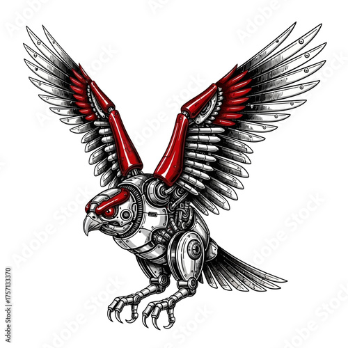 Robotic eagle soaring with metallic wings in detailed illustration  