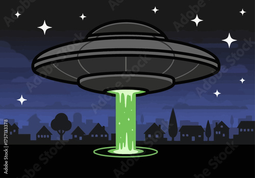 UFO hovering over urban landscape at night with green light beam  