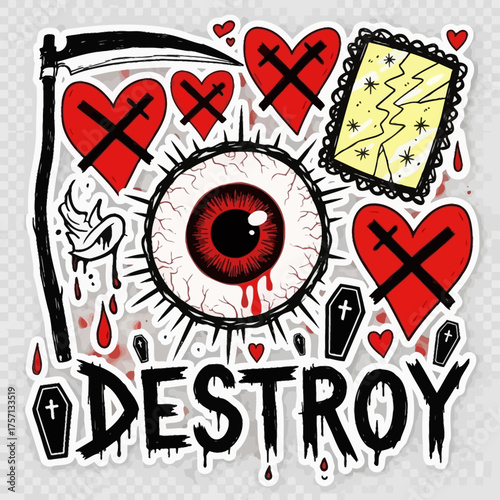 Eye with blood and hearts in graphic style illustrating destruction  