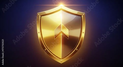 A shiny golden shield with an arrow pointing upwards in the center on a dark blue and