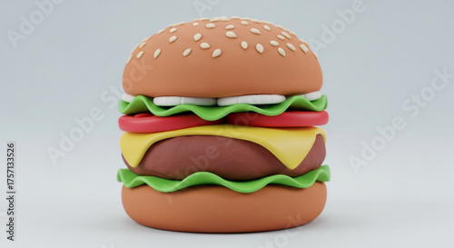 Cartoonstyle 3d render of a cheeseburger, featuring layers of cheese, tomato, lettuce, and sesame seed bun