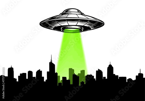 Flying saucer emitting green light over city skyline at night  