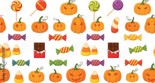 Vector art of seamless pattern of halloween pumpkins and assorted candies